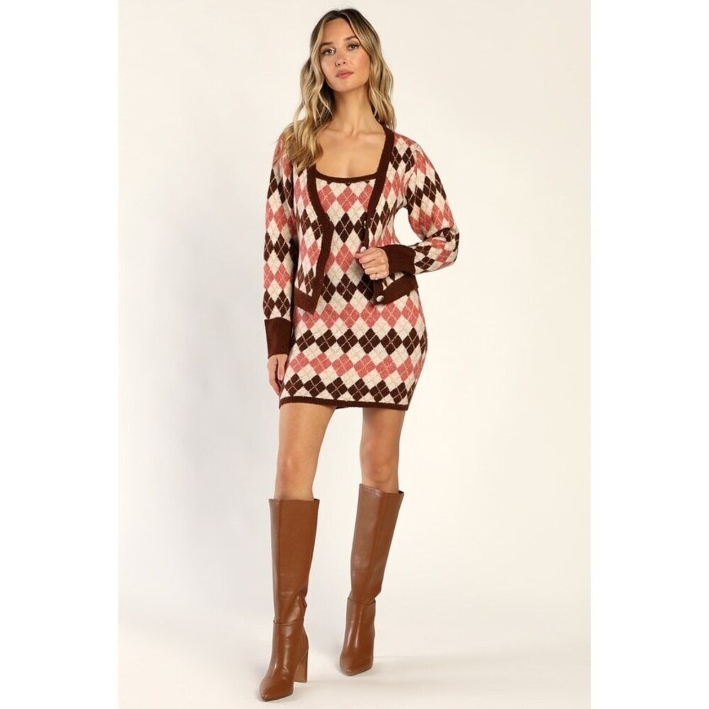 NWOT Lulus Brown Multi Argyle 2-piece Mini Sweater Dress - Size XS